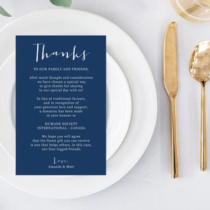 Printable Wedding Thank you Note, In Lieu of Favors, Wedding Donation Cards, Reception Thank You Card, Wedding Thank You, To Our Guests