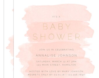 Pink Watercolor Baby Shower Invitation, Rose Gold Foil (PDF)