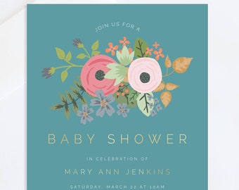 Boho Floral Baby Shower Invitation, Floral Baby Shower, Whimsical Baby Shower, Blue Baby Shower, Navy Baby Shower Invite
