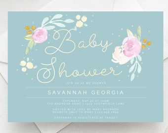 Invitación para baby shower con diseño floral en acuarela: Invitación de primavera en tonos pastel