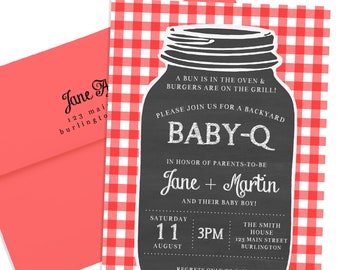 Baby-Q Shower Invitation: Picnic BBQ, Mason Jar, Plaid (Digital or Printed)