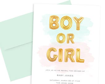 Gender Reveal Party Invite, Mylar Gold Balloon Gender Reveal Invite, Gender Reveal, Gender Reveal Party, Gender Reveal Party Invitation