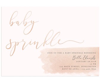 Pink Rose Gold Baby Sprinkle Invitation, Watercolor Blush (Printable)