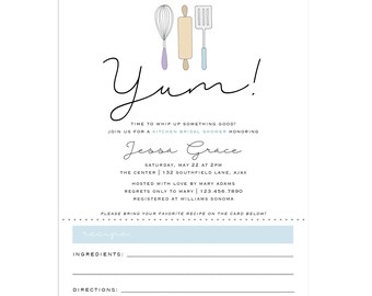 May include: A white invitation card with the word "Yum!" in a stylish script. The card features illustrations of kitchen tools and details for a kitchen bridal shower honouring Jessa Grace.