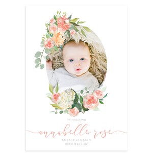 Floral Birth Announcement Card, Floral Birth Announcement, Birth Stats Announcement, Brith Notice Cards, Floral Monogram