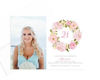 Floral Photo Birthday Invitation, Pink Peonies, Printable Invite