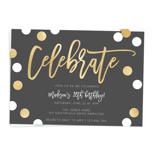 Confetti Birthday Invitation: Faux Gold Foil, Adult Party (PDF + JPEG)