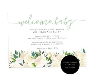 Floral Baby Shower Invitation, Green Floral Baby Shower, White Baby Shower, Gold Baby Shower Invite, Rose Floral Baby Shower Invite