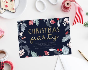 Holiday Party Invitation, Christmas Party Invite, Festive Christmas Invitation, Holiday Party Invite, Holly Holiday Invite