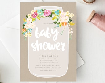 Floral Mason Jar Baby Shower Invitation: Rustic Invite