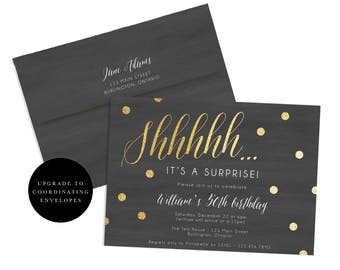 Surprise Party Invitation, Birthday Surprise Party Invite, Shhh It's a Surprise, Glitter Birthday Invite