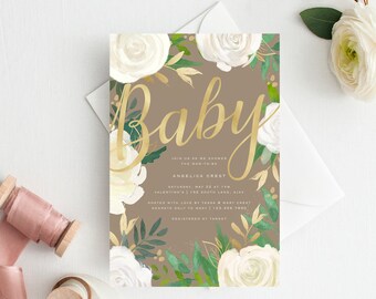 White Rose Floral Baby Shower Invite, Rose Gold Printable Baby Shower Invite, Woodland Theme Baby Shower Invite, Baby Shower