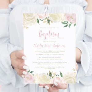 Faire-part de baptême imprimable, faire-part de baptême floral, faire-part de baptême fille, faire-part de baptême féminin