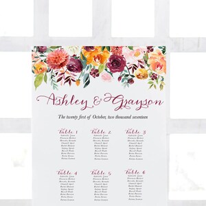 Printable Wedding Seating Chart, Floral Seating Chart, Digital File, Rustic Wedding Seat Assignments, Wedding Seating Chart