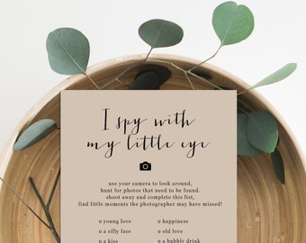 I Spy Wedding Game Card, Photo Checklist, Wedding Hashtag Sign