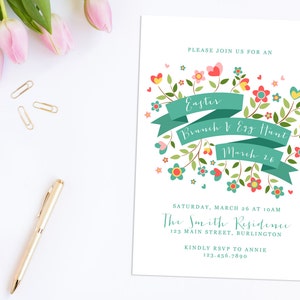 May include: An invitation to an Easter brunch and egg hunt on March 26th at The Smith Residence, 123 Main Street, Burlington. RSVP to Annie at 123.456.7890. The invitation features a teal banner with the text "Easter Brunch & Egg Hunt" and a floral wreath with colorful flowers and hearts.