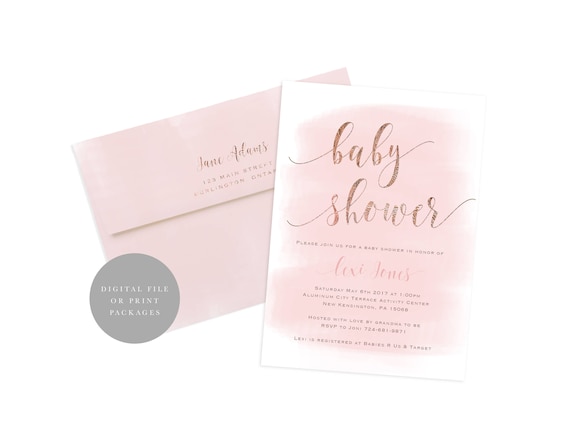 Pink Rose Gold Baby Shower Invitation, Watercolor Invite (Digital or Printed)
