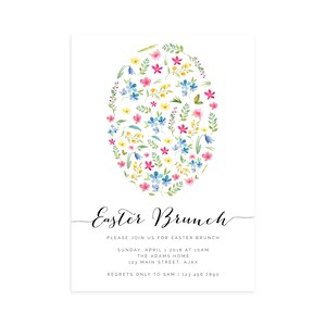 May include: White invitation card with an egg-shaped floral design in the center. The design features a mix of pink, blue, yellow, and green flowers. The text reads "Easter Brunch" with event details below.