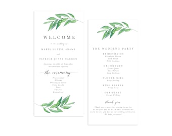 Programa de casamento com tema de folhagem, detalhes da cerimônia floral (para imprimir)