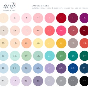 K&ouml;nnte beinhalten: Eine Farbkarte mit 48 nummerierten Farbfeldern in verschiedenen Farbt&ouml;nen, von Pastellt&ouml;nen bis hin zu Juwelfarben. Der Text "aceti DESIGN CO." befindet sich oben links, und "COLOR CHART" und anderer Text oben rechts. Die Karte zeigt, wie Hintergr&uuml;nde, Schriftarten und Elementfarben ge&auml;ndert werden k&ouml;nnen.