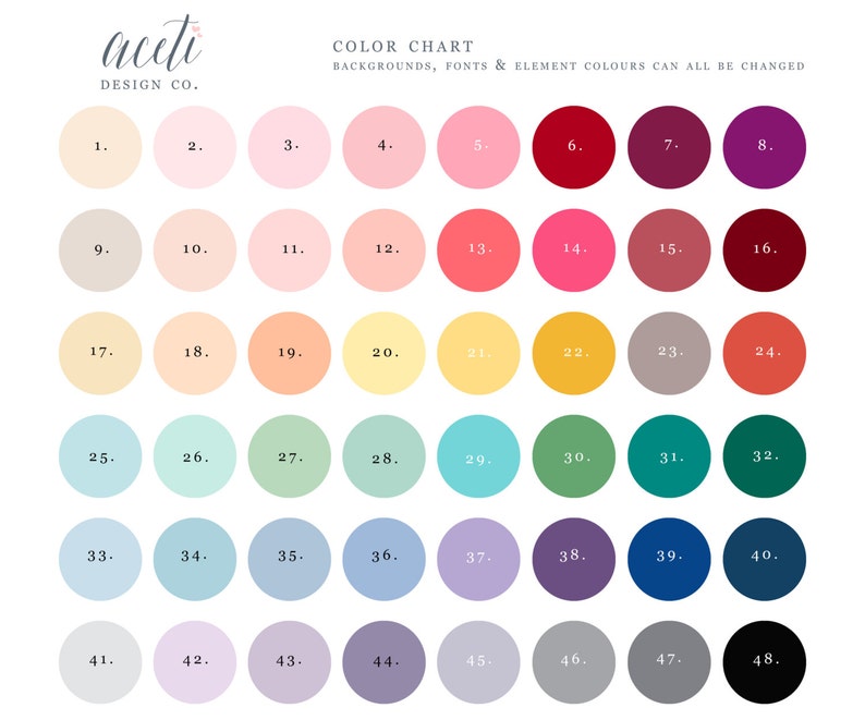 K&ouml;nnte beinhalten: Eine Farbkarte mit 48 nummerierten Farbfeldern in verschiedenen Farbt&ouml;nen, von Pastellt&ouml;nen bis hin zu Juwelfarben. Der Text "aceti DESIGN CO." befindet sich oben links, und "COLOR CHART" und anderer Text oben rechts. Die Karte zeigt, wie Hintergr&uuml;nde, Schriftarten und Elementfarben ge&auml;ndert werden k&ouml;nnen.