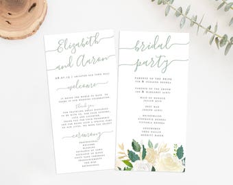 Vintage Floral Wedding Program, Green White Floral, Printable Ceremony Program, Double Sided Wedding Program, Printable Wedding Program