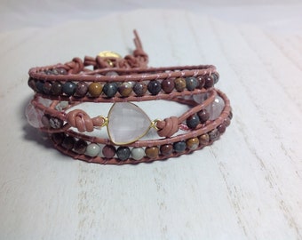 Rose Quartz and Sonora Jasper Bracelet, Triple Wrap Leather Bracelet,Multi Gemstone Bracelet,Boho,Bohemian,Hippie,Jewelry,Beach Bracelet,