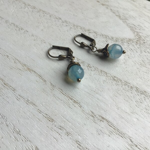 Blue Hazy Fire Agate Earrings,Antique Brass Lever Backs with Shell Design,Dangle Drop Earring,Boho Earring,Bohemian Style,Vintage look