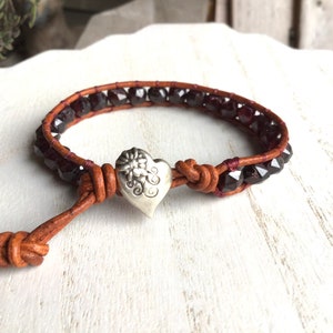Garnet Wrap Bracelet, Leather Bracelet,Antique Silver Alpine Heart  Button,Boho Bracelet,January Birthstone,Valentines Gift,Beach Bracelet