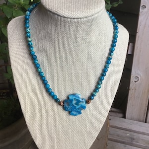 Blue Crazy Lace Agate Cross Pendant Necklace,Blue Variscite Beads,Boho Necklace,Bohemian Style,Hippie Necklace,Gemstone Necklace,Beaded