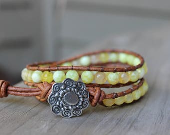 Antique Yellow Agate Double Wrap Gemstone  Bracelet, Boho Bracelet, Hippie Bracelet, Sunshine Bracelet