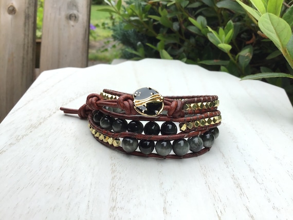 Eagle Eye Quartz Bracelet,3x Wrap Leather Bracelet,gold Black