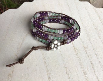 Amethyst Green Venturine Quartz Triple Wrap Leather Bracelet, Silver Flower Bracelet, Hippie Bracelet, Boho Bracelet, Bohemian Style