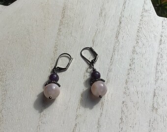 Sakura Agate and Lepidolite Earrings,Gunmetal Leverback,Classic Dangle Drop Earring,Boho Earring,Bohemian Style,Beach Earring,Dangle,Drop