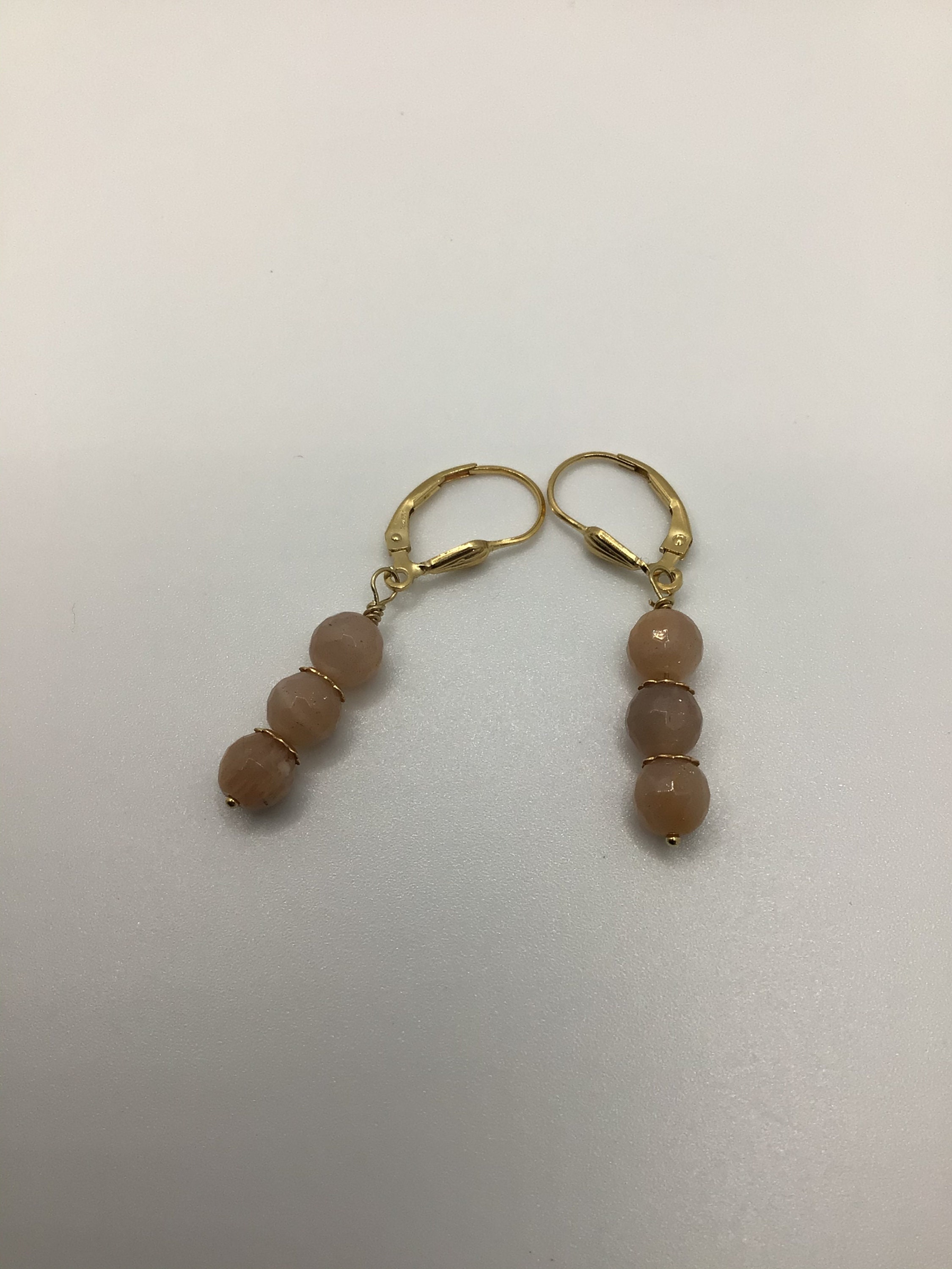 Moonstone Peach & Purple Hanging Earrings,14K Yellow Gold Lever Backs 