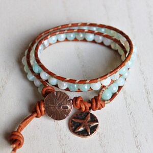 Agate Bracelet,Robins Egg Blue Agate,2x Double Wrap Leather Bracelet,Copper Starfish Charm,Beach Bracelet,Boho,Bohemian,Beaded Bracelet