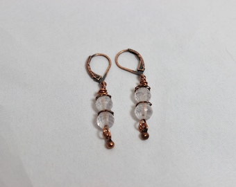 Rose Quartz Earrings, Antique Copper Lever Back Earrings, Gemstone Earrings,Boho Earrings,Bohemian Jewelry,Classic Earrings,Vintage Look