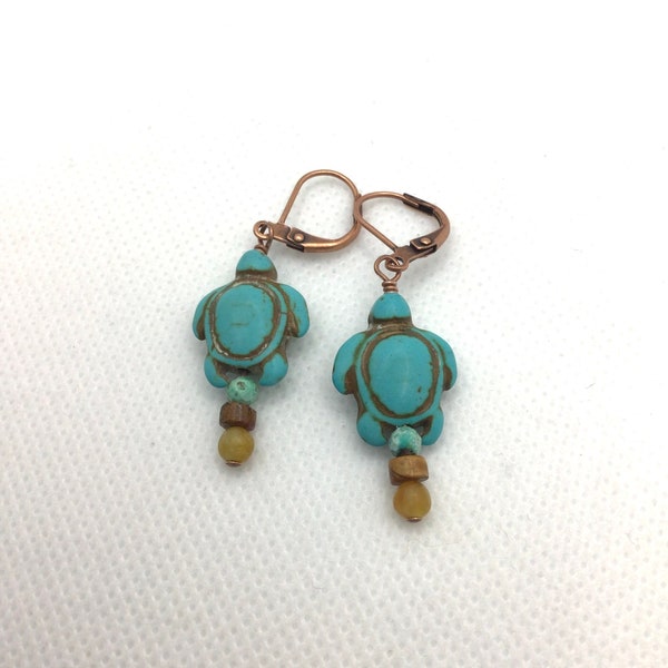 Turquoise Sea Turtle Earrings,Multi Gemstone Copper Leverback,Agate,Hubei Turquoise,Jasper,Dangle Drop,Boho Earrings,Bohemian,Beach Jewelry