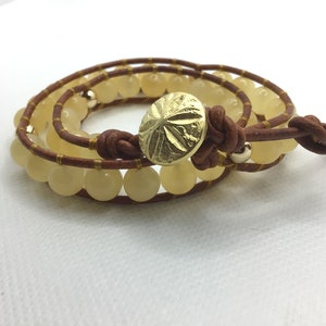 Yellow Jade Wrap Bracelet, Leather Bracelet, Antique Gold Sand Dollar  Button, Beaded Bracelet, Boho, Bohemian, Leather Wrap Bracelet