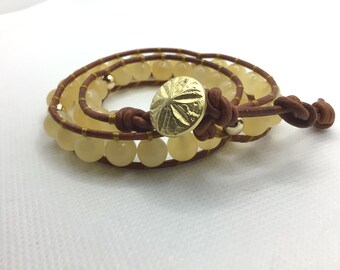 Yellow Jade Wrap Bracelet: Leather Boho Bracelet with Sand Dollar Button