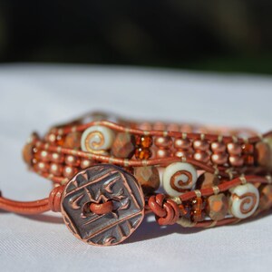 Copper Triple Wrap Leather Bracelet: Czech Glass Boho Beaded Bracelet