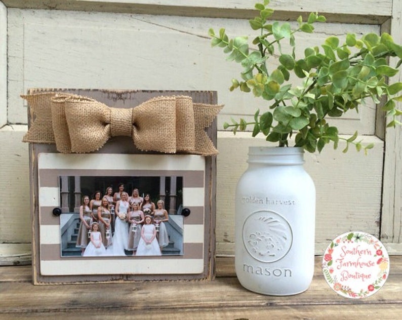 Stripes Horizontal 5x7 THE KATHARINE FRAME Rustic Frame Burlap Bow Ivory and Pebble Striped Frame