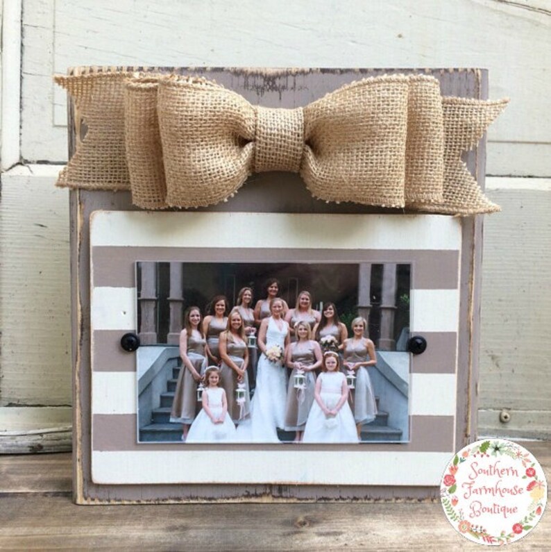 Stripes Horizontal 5x7 THE KATHARINE FRAME Rustic Frame Burlap Bow Ivory and Pebble Striped Frame