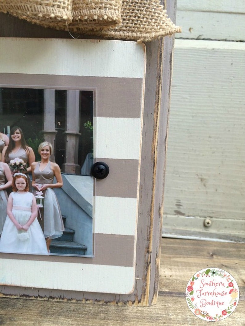 Stripes Horizontal 5x7 THE KATHARINE FRAME Rustic Frame Burlap Bow Ivory and Pebble Striped Frame