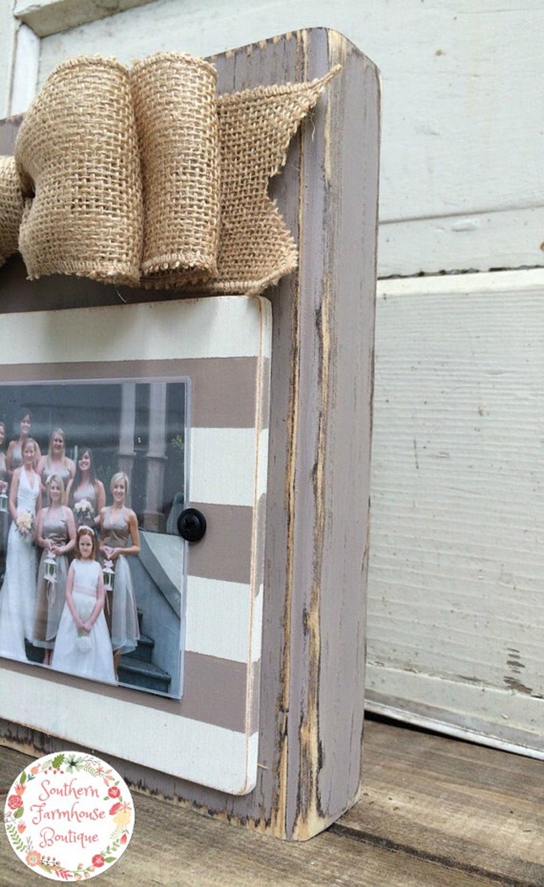 Stripes Horizontal 5x7 THE KATHARINE FRAME Rustic Frame Burlap Bow Ivory and Pebble Striped Frame