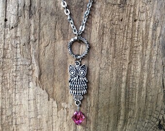 Silver owl necklace, owl necklace, silver owl pendant, woodland owl charm, October birthstone necklace, pink tourmaline necklace, jewelry