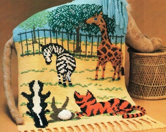 Zoo Animals Fringe Afghan Crochet Pattern Tiger Giraffe Zebra Rabbit Blanket Crochet Pattern PDF Download immediato