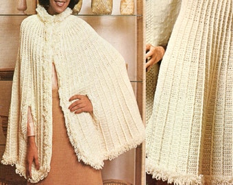 Patrón de poncho tipo capa de los años 70 a crochet. Patrón de capa larga vintage en PDF para descarga instantánea.