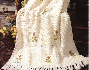 Häkelanleitung für eine afghanische Decke mit Bobble-Rosen-Fransen und Rosenblatt-Häkelanleitung (PDF-Sofortdownload)