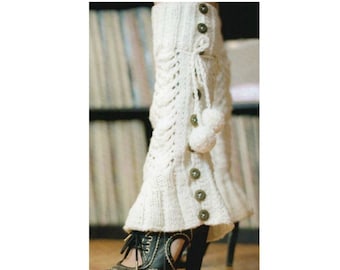 May include: White knitted leg warmers with a ruffled bottom, button accents, and a pom-pom detail.